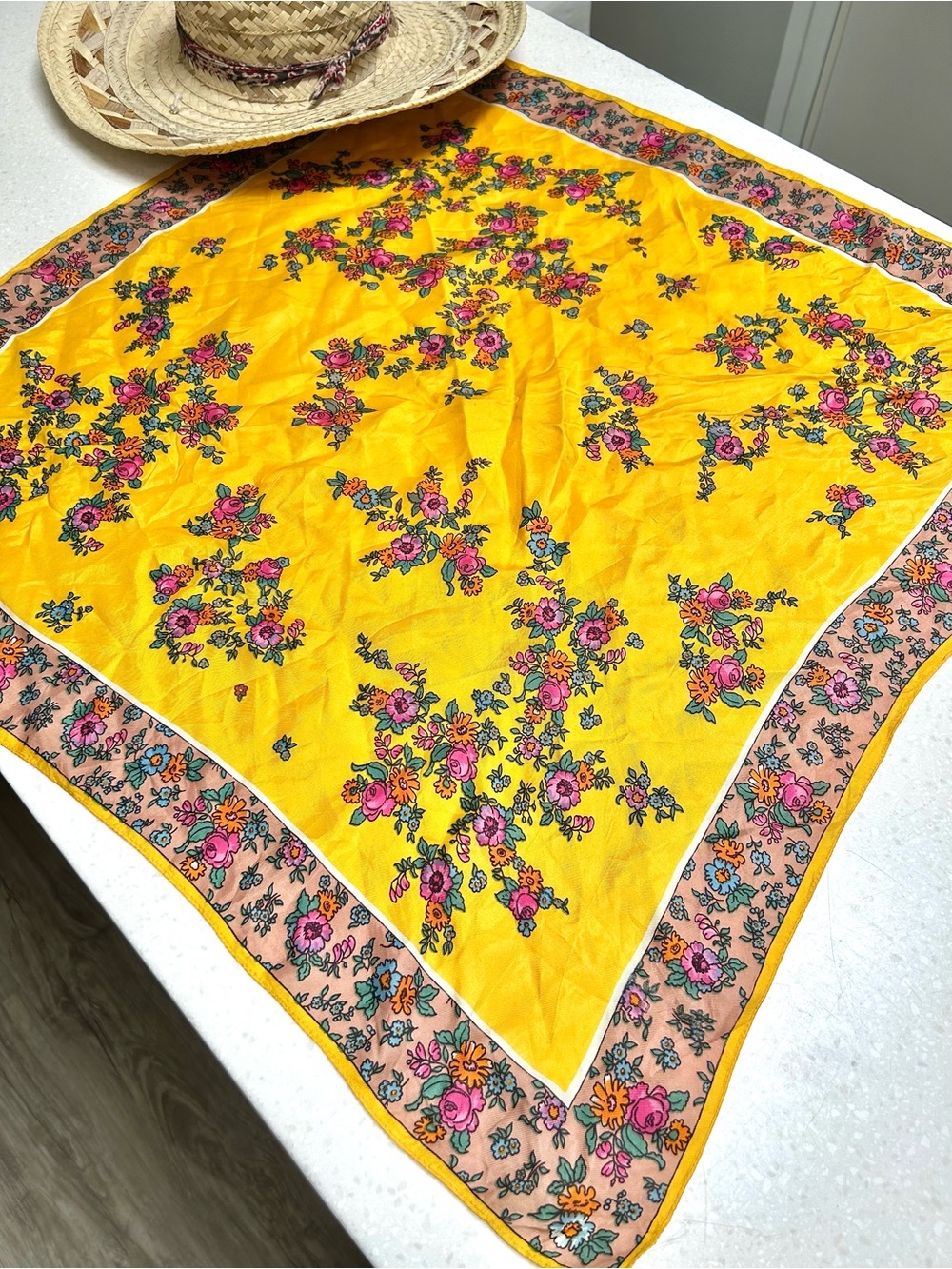 Fall SILK mustard yellow/pink floral scarf/wrap cottage granny hippy vibe